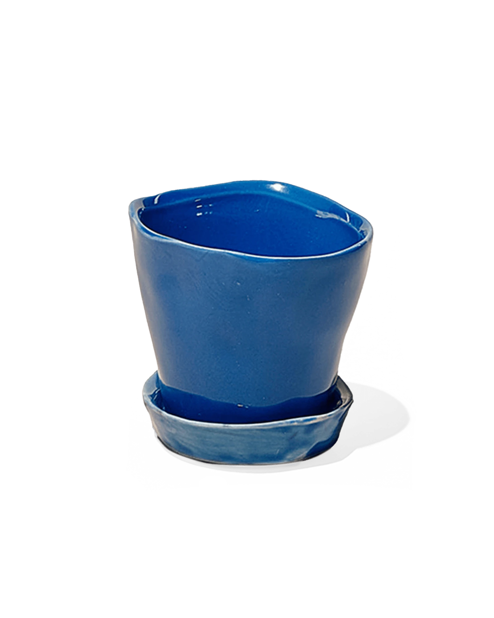 Chive Tika cobalt ceramic small plant pot with drainage hole and detachable saucer.