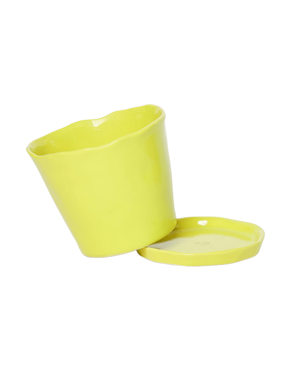 Close up of chive Tika green sheen ceramic small plant pot with drainage tilted to show the detachable saucer.