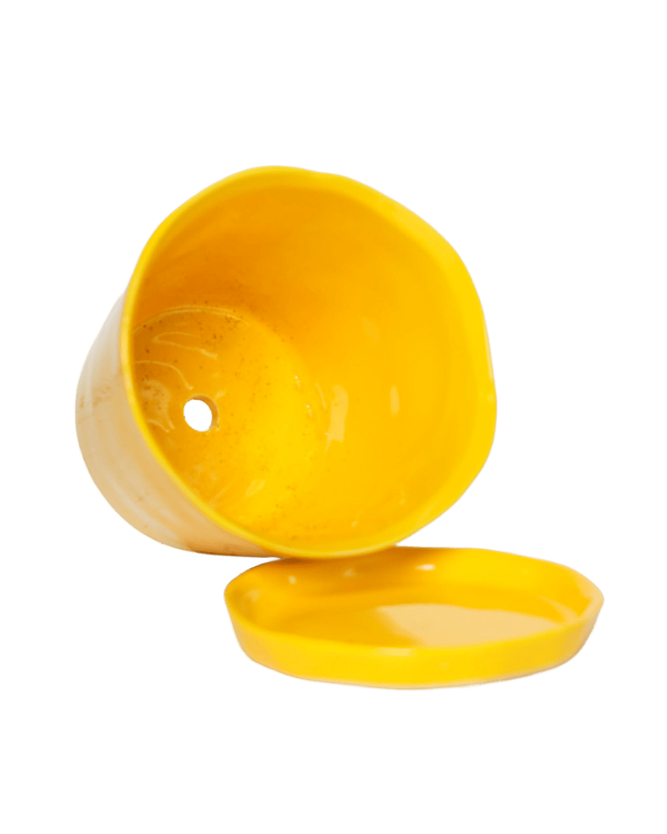Close-up of the detachable saucer and drainage hole on a Chive Tika meadowlark yellow ceramic large pot.
