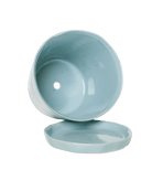 Close up of Chive Tika large new grey ceramic planter pot, showing the drainage hole and detachable saucer.