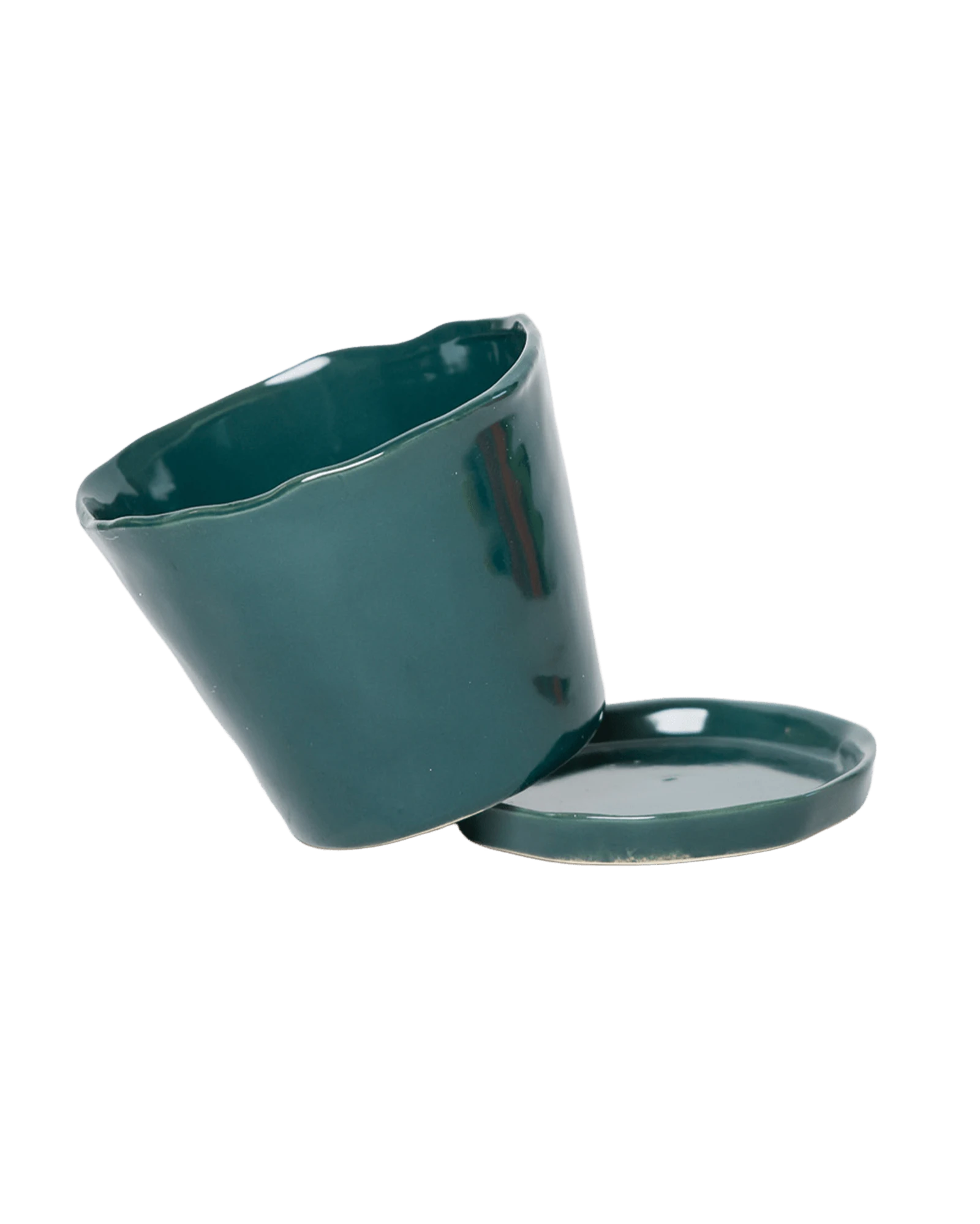 Chive Tika spruce ceramic large plant pot with drainage tilted to show the detachable saucer.