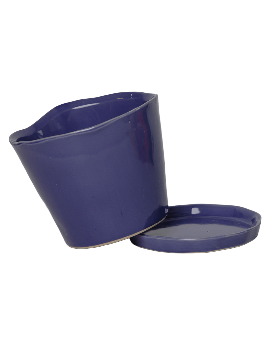 Chive Tika ultra violet ceramic small plant pot with drainage tilted to show detachable saucer.
