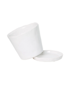 Chive Tika white ceramic large plant pot with drainage tilted to show the detachable saucer.