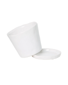 Close-up of the detachable saucer and drainage hole on a Chive Tika white ceramic medium pot.