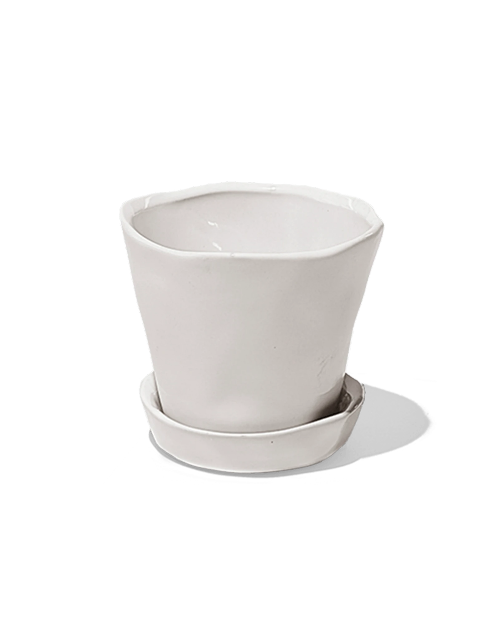 Chive Tika white ceramic small plant pot with drainage hole and detachable saucer.