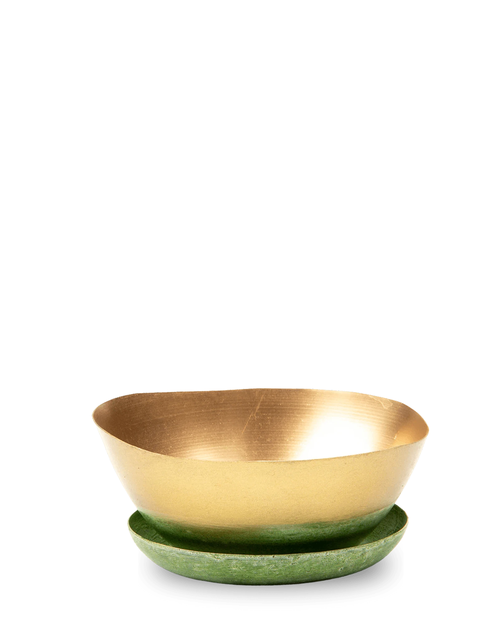 Chive Topper green gold metal small succulent dish with drainage and detachable saucer.