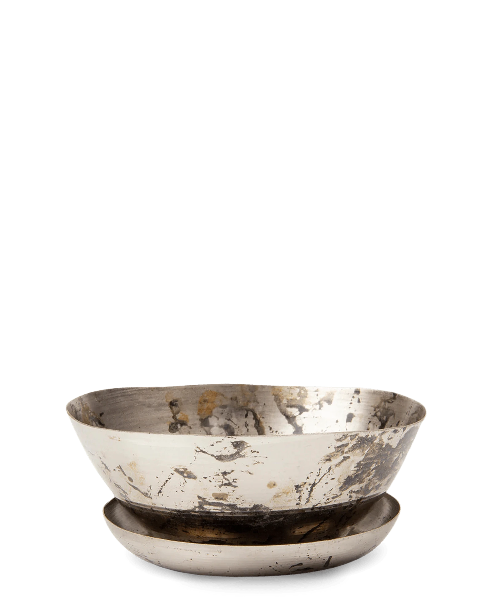 Chive Topper silver metal small succulent dish with drainage saucer.