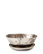 Chive Topper silver metal small succulent dish with drainage saucer.