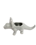 Chive Triceratops Almost Aqua color ceramic dinosaur shaped succulent planter showing texture details.