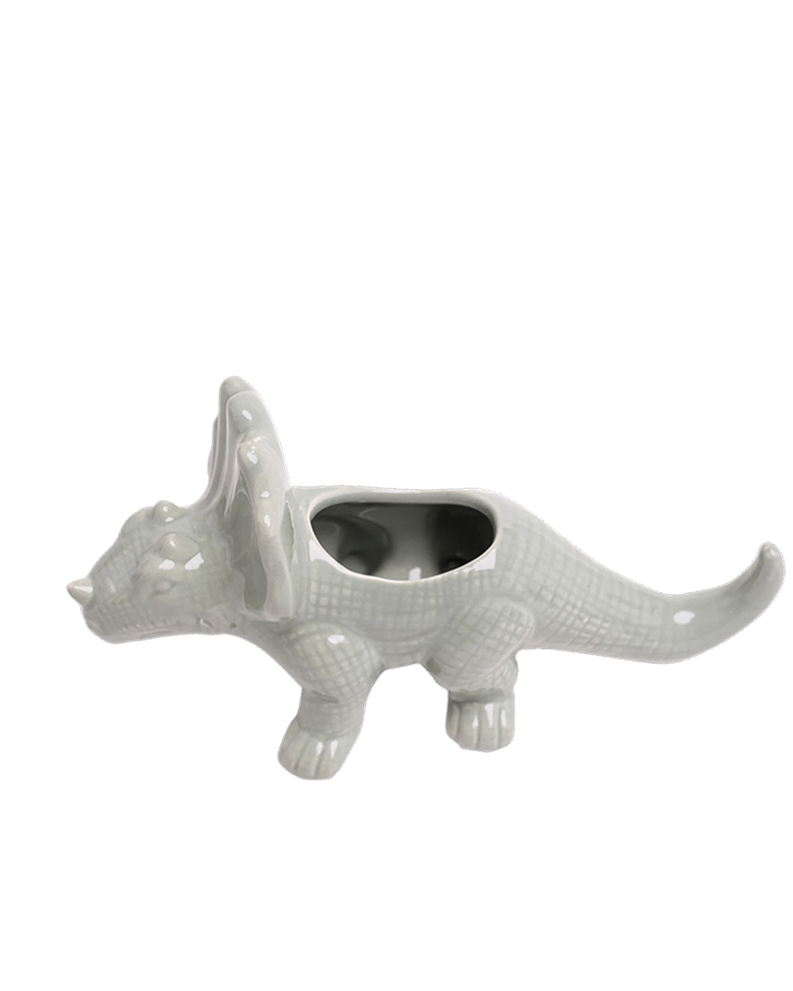 Chive Triceratops Almost Aqua color ceramic dinosaur shaped succulent planter showing texture details.