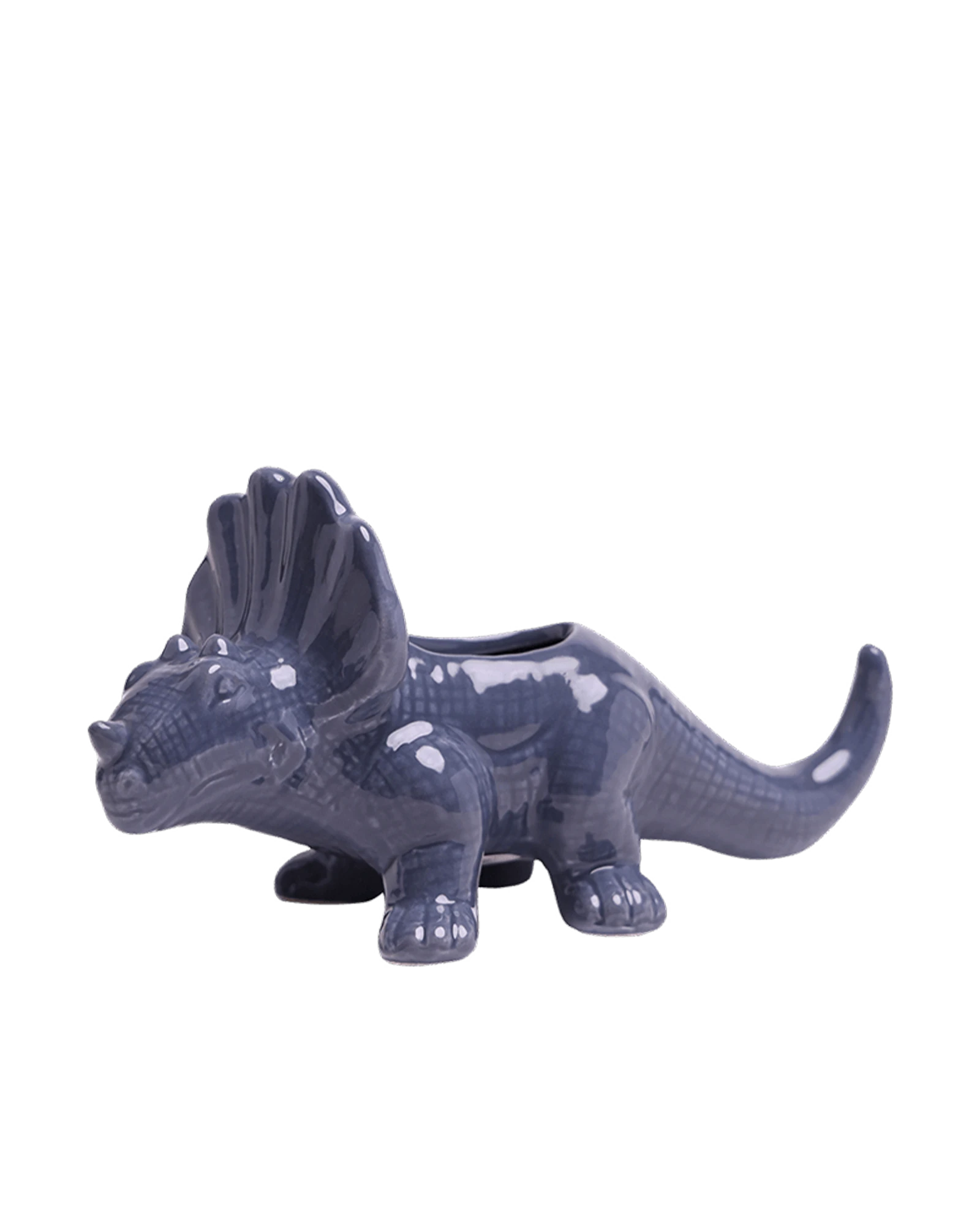Chive Triceratops Blue Stone color ceramic dinosaur shaped succulent planter with no drainage.