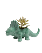 Chive Triceratops Cascade teal color glazed ceramic dinosaur shaped planter styled with a succulent.