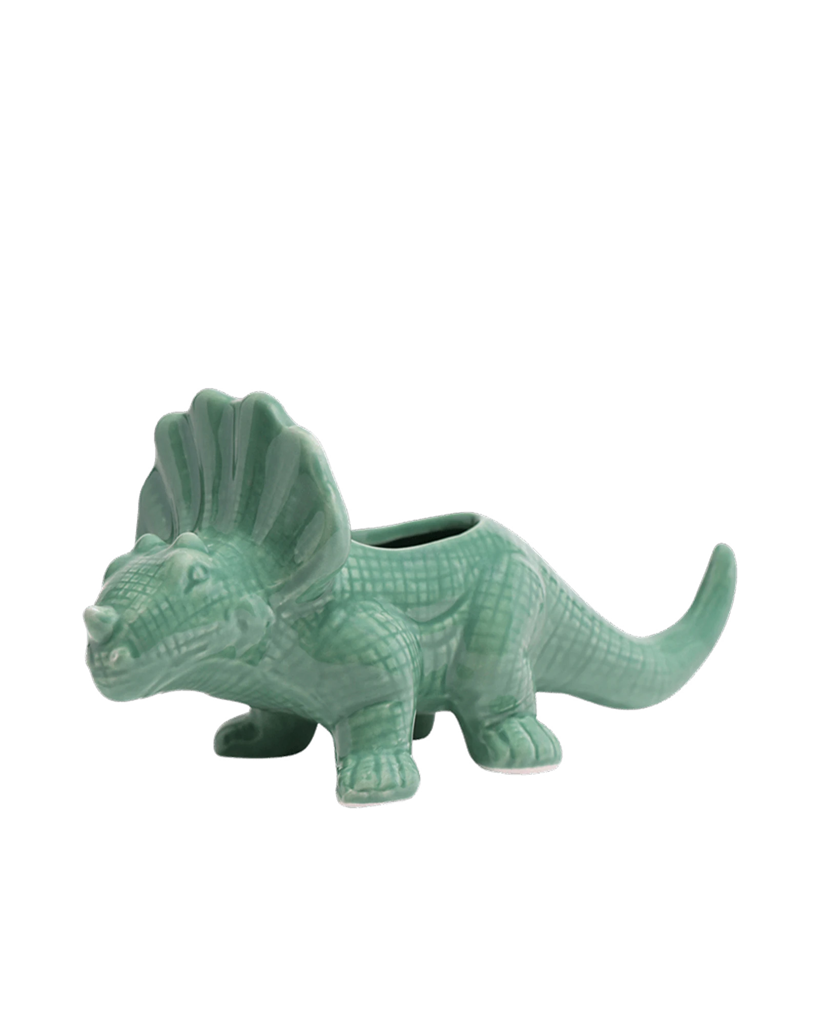 Chive Triceratops Cascade teal color ceramic dinosaur shaped succulent planter with no drainage.
