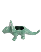 Chive Triceratops Cascade teal color ceramic dinosaur shaped succulent planter showing the texture details.