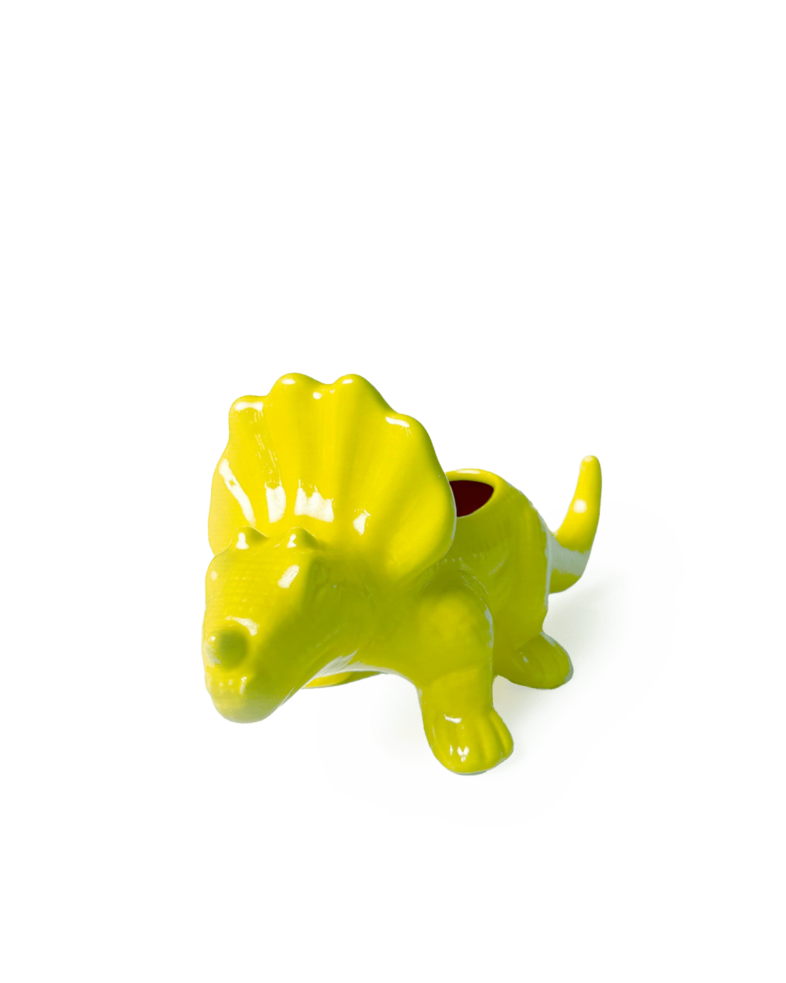 Chive Triceratops chartreuse color ceramic dinosaur shaped succulent planter with no drainage.