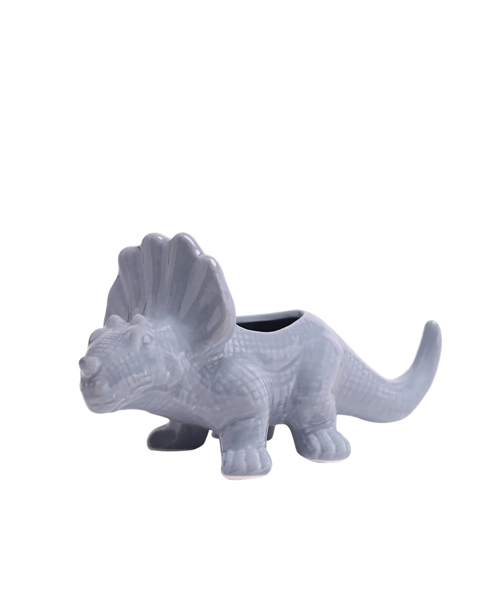 Chive Triceratops Cloud Blue color ceramic dinosaur shaped succulent planter with no drainage.