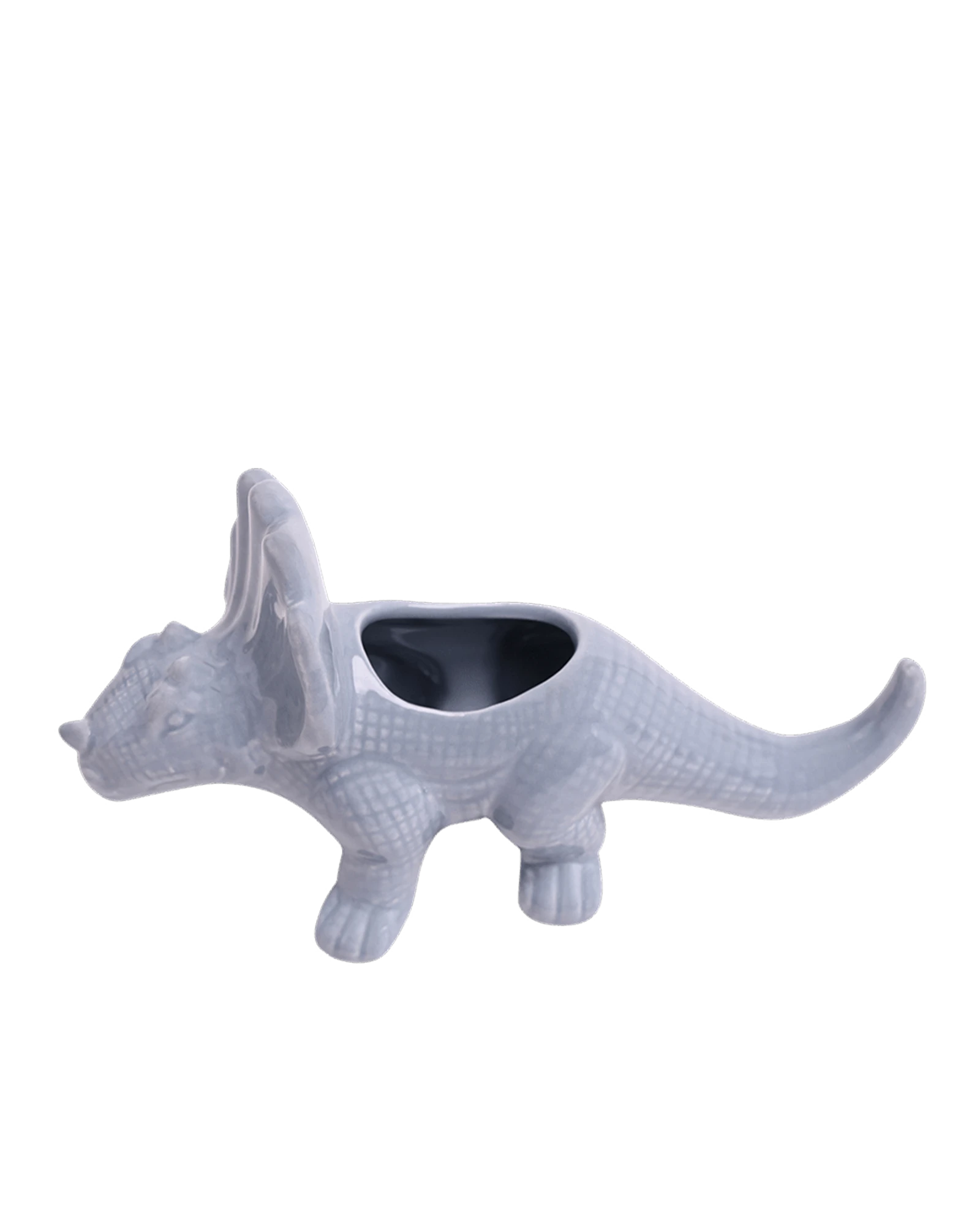 Chive Triceratops Cloud Blue color ceramic dinosaur shaped succulent planter showing texture details.