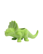 Chive Triceratops Fluorite Green color ceramic dinosaur shaped succulent planter with no drainage.