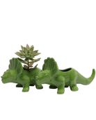 Two Chive Triceratops Foliage green color glazed ceramic dinosaur shaped planters styled with a succulent.