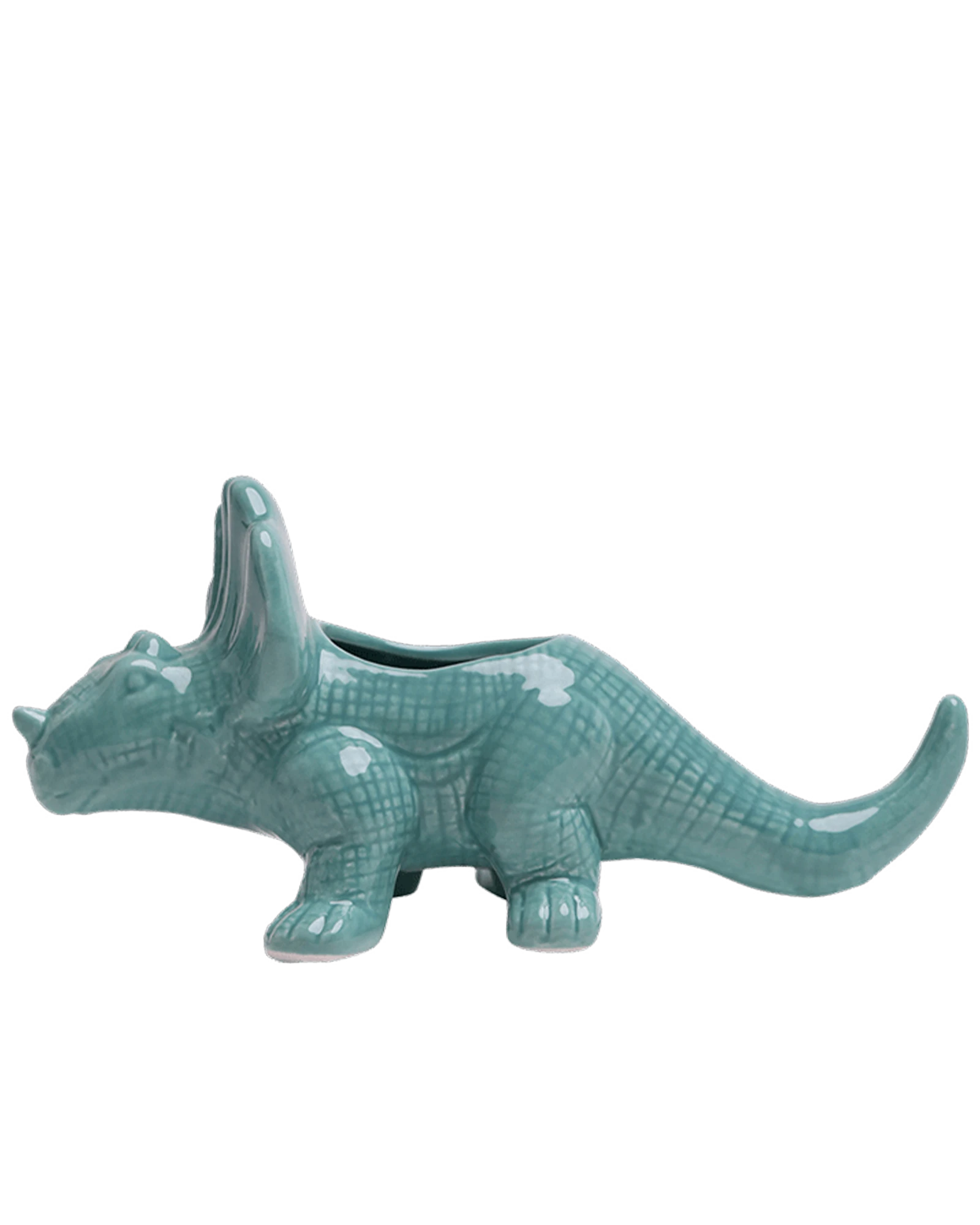  Chive Triceratops Granite Green color ceramic dinosaur shaped succulent planter showing texture details.