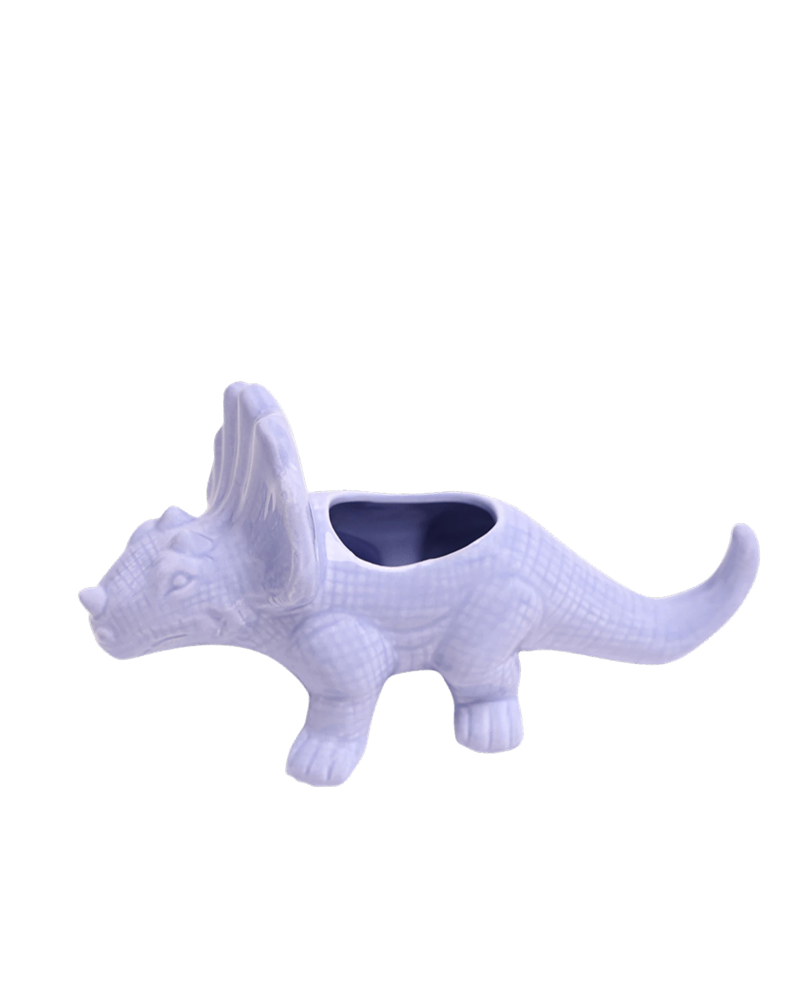 Chive Triceratops Halogen Blue color ceramic dinosaur shaped succulent planter showing texture details.