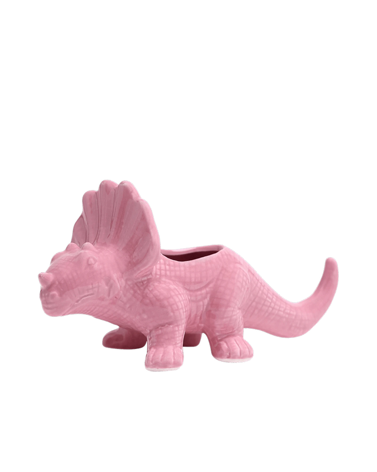 Chive Triceratops Nose Gay Pink ceramic dinosaur shaped succulent planter with no drainage.
