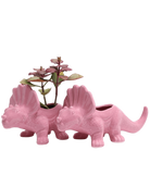Two Chive Triceratops Nose Gay Pink glazed ceramic dinosaur shaped planters styled with a small plant.