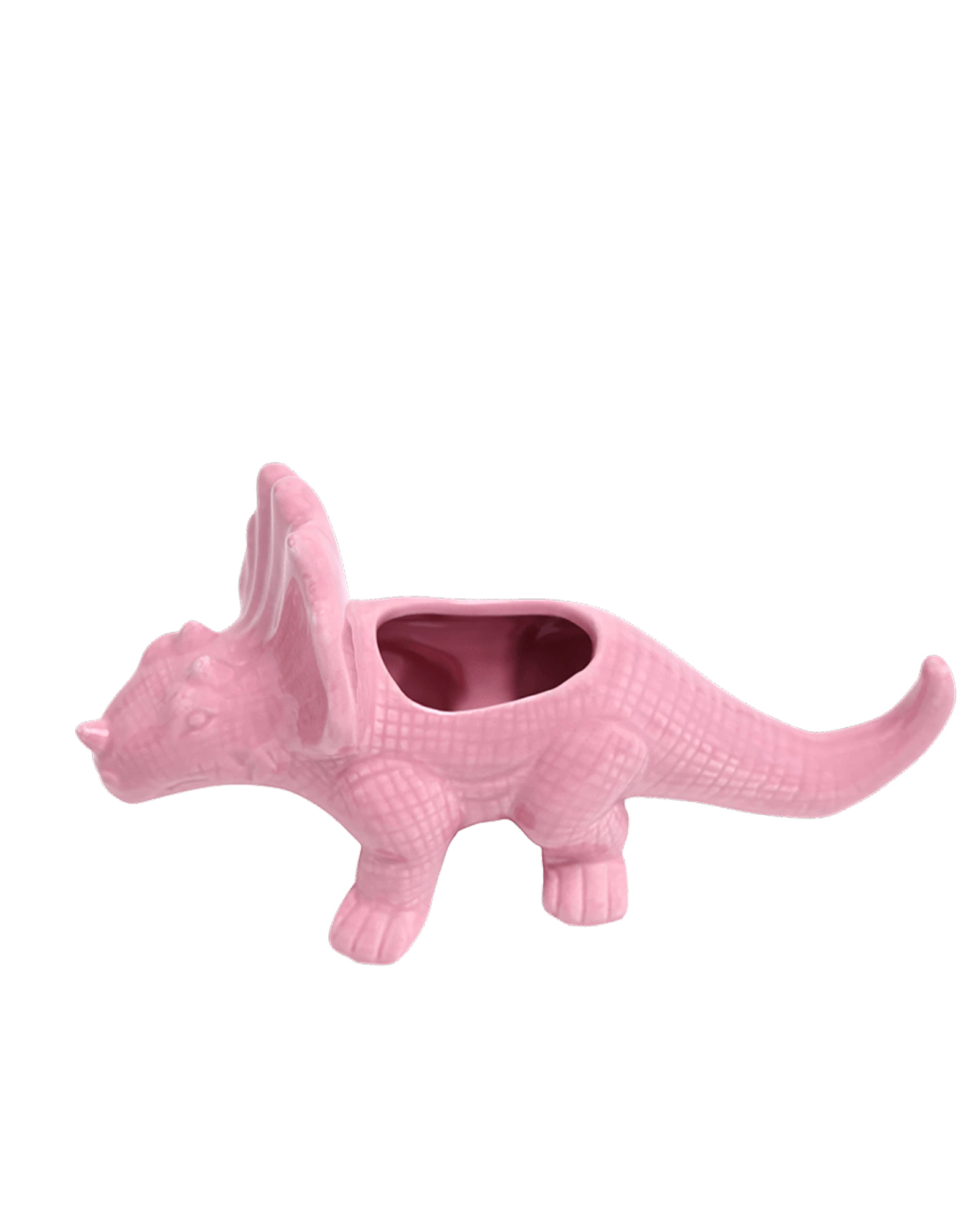 Chive Triceratops Nose Gay Pink color ceramic dinosaur shaped succulent planter showing texture details.