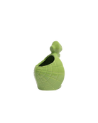 Back view of Chive Turtle Green color ceramic turtle shaped succulent planter with no drainage.
