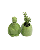 Two Chive Turtle Green color glazed ceramic turtle shaped planters styled with a plant.