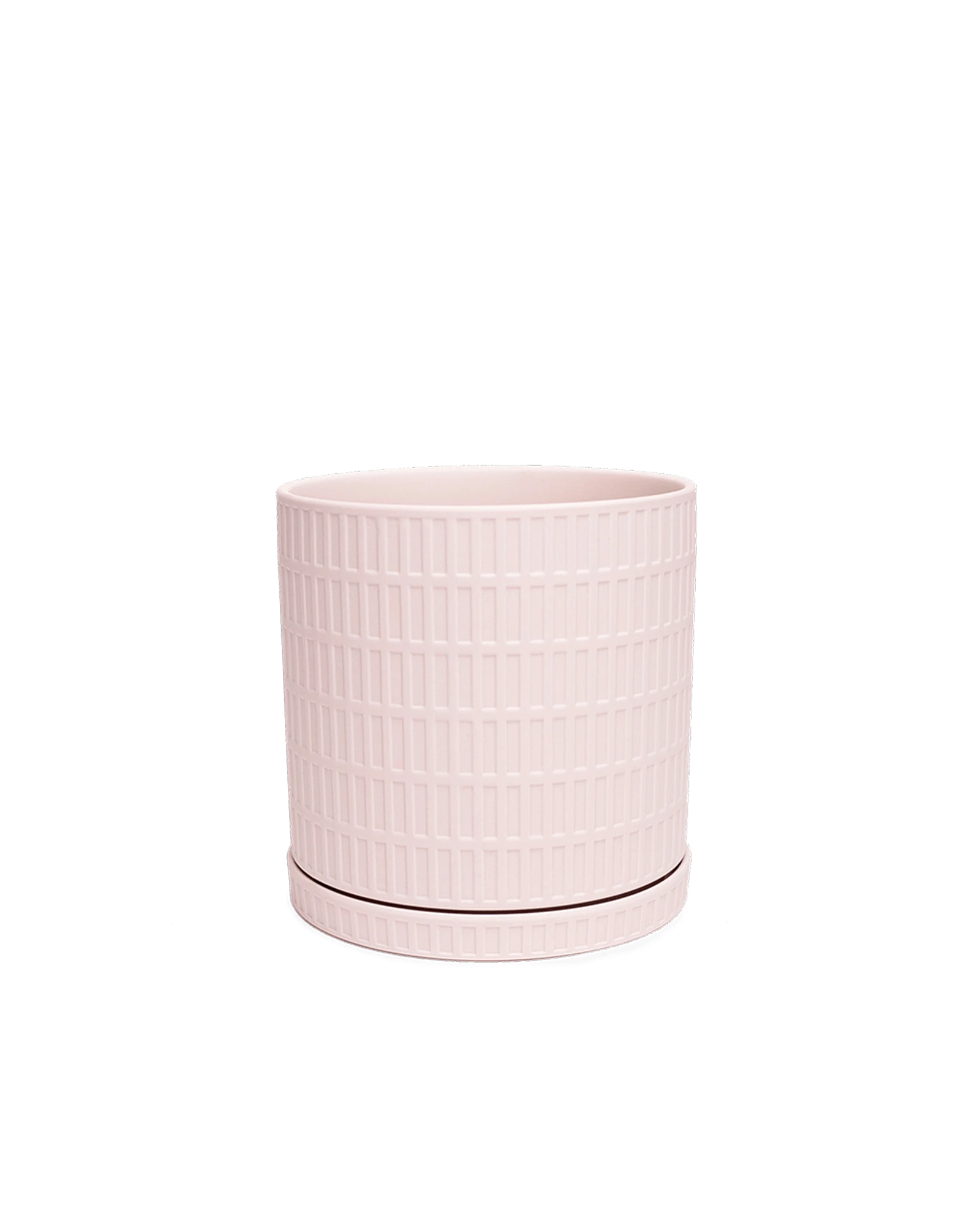 Chive Virago A large soft pink textured porcelain pot with drainage hole and detachable saucer.