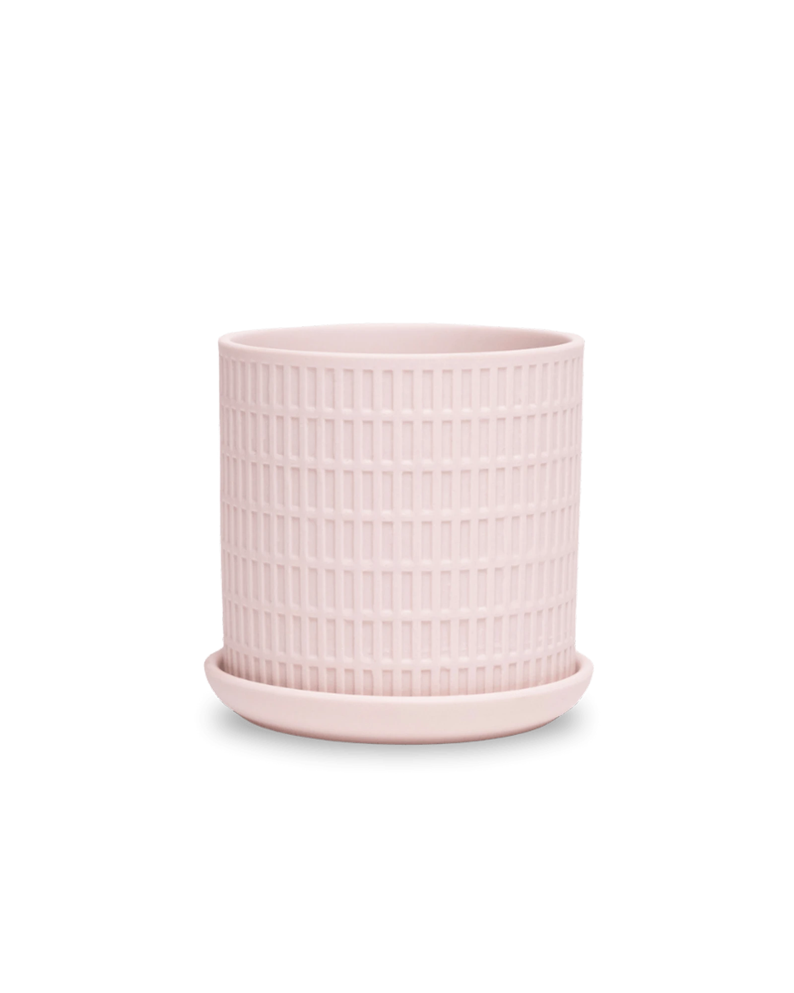 Chive Virago A medium soft pink porcelain pot with drainage hole and detachable saucer.