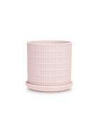 Chive Virago A small soft pink porcelain pot with drainage hole and detachable saucer.