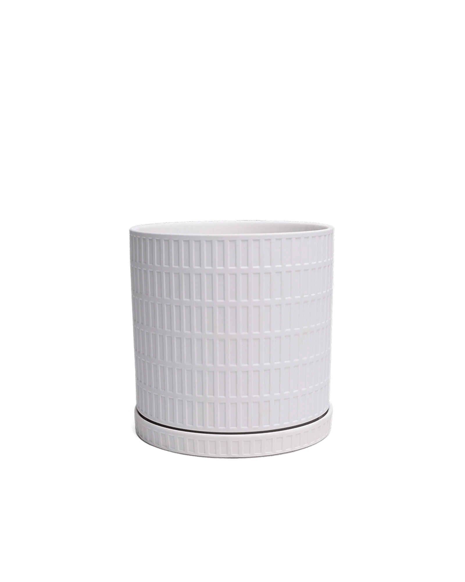 Chive Virago A large white textured porcelain pot with drainage hole and detachable saucer.