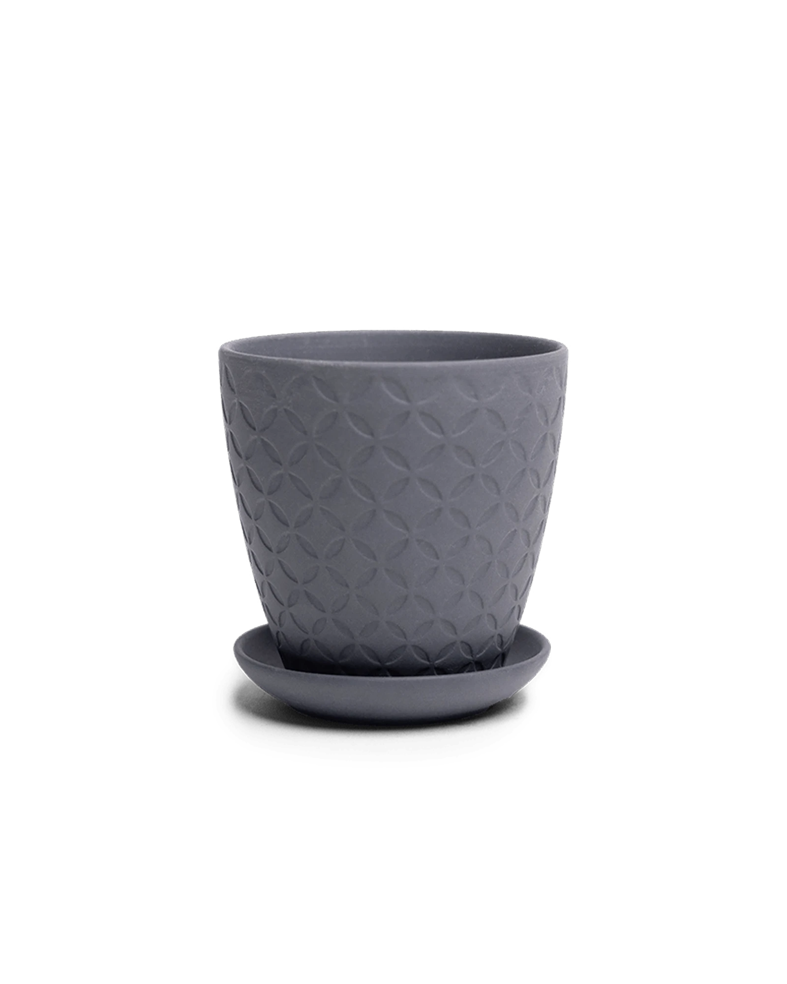 Chive Virago B small black porcelain pot with drainage hole and detachable saucer.