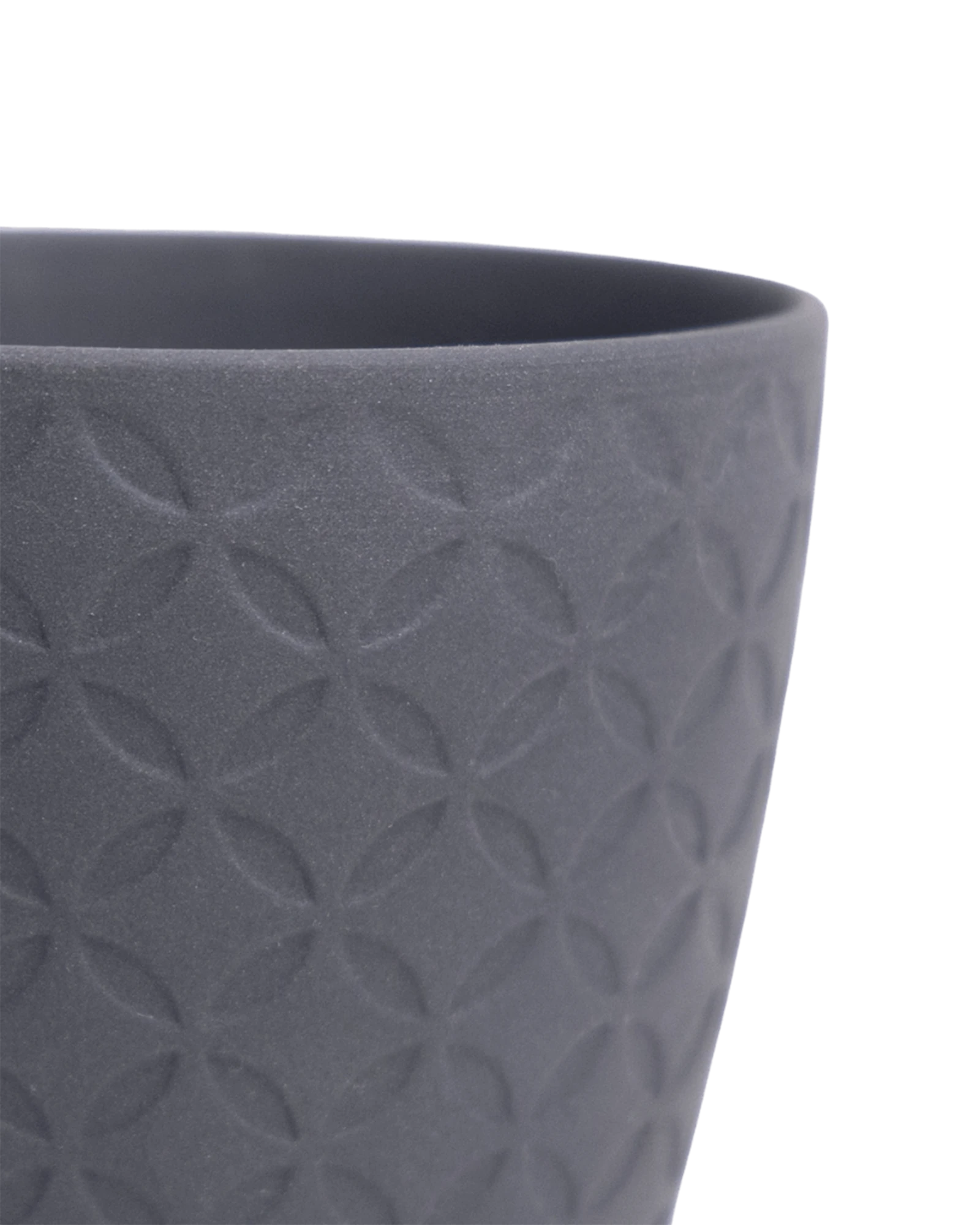 Close-up of the Chive Virago B small black porcelain pot showing the color and textured finish.