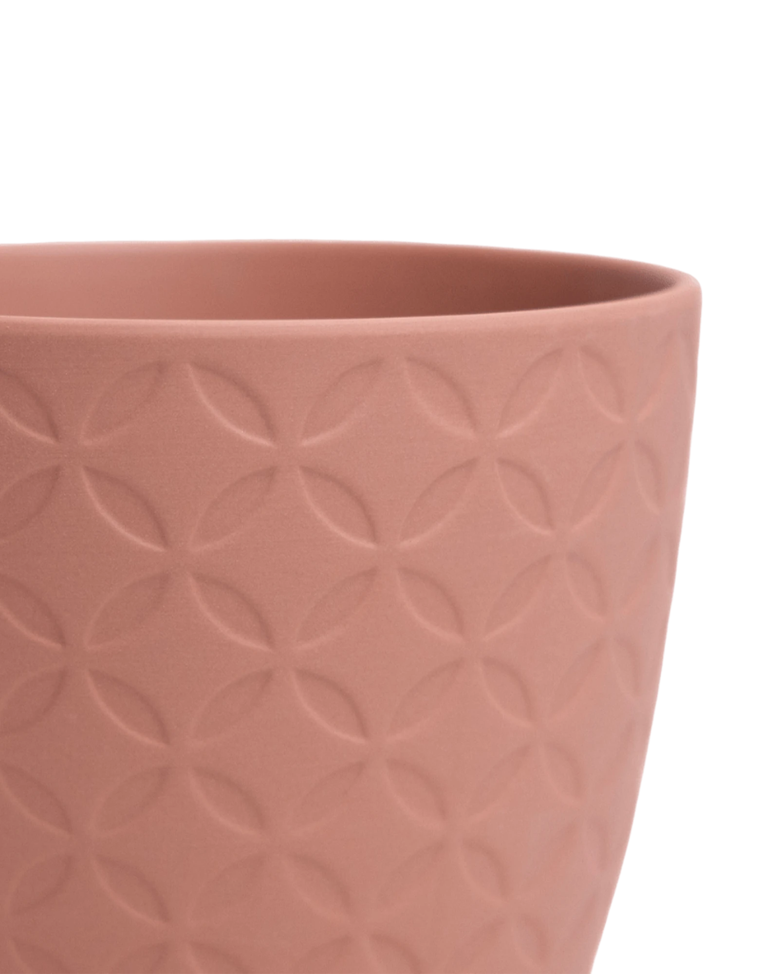 Close-up of the Chive Virago B small clay terracotta porcelain pot showing the color and diamond-shaped textured finish.