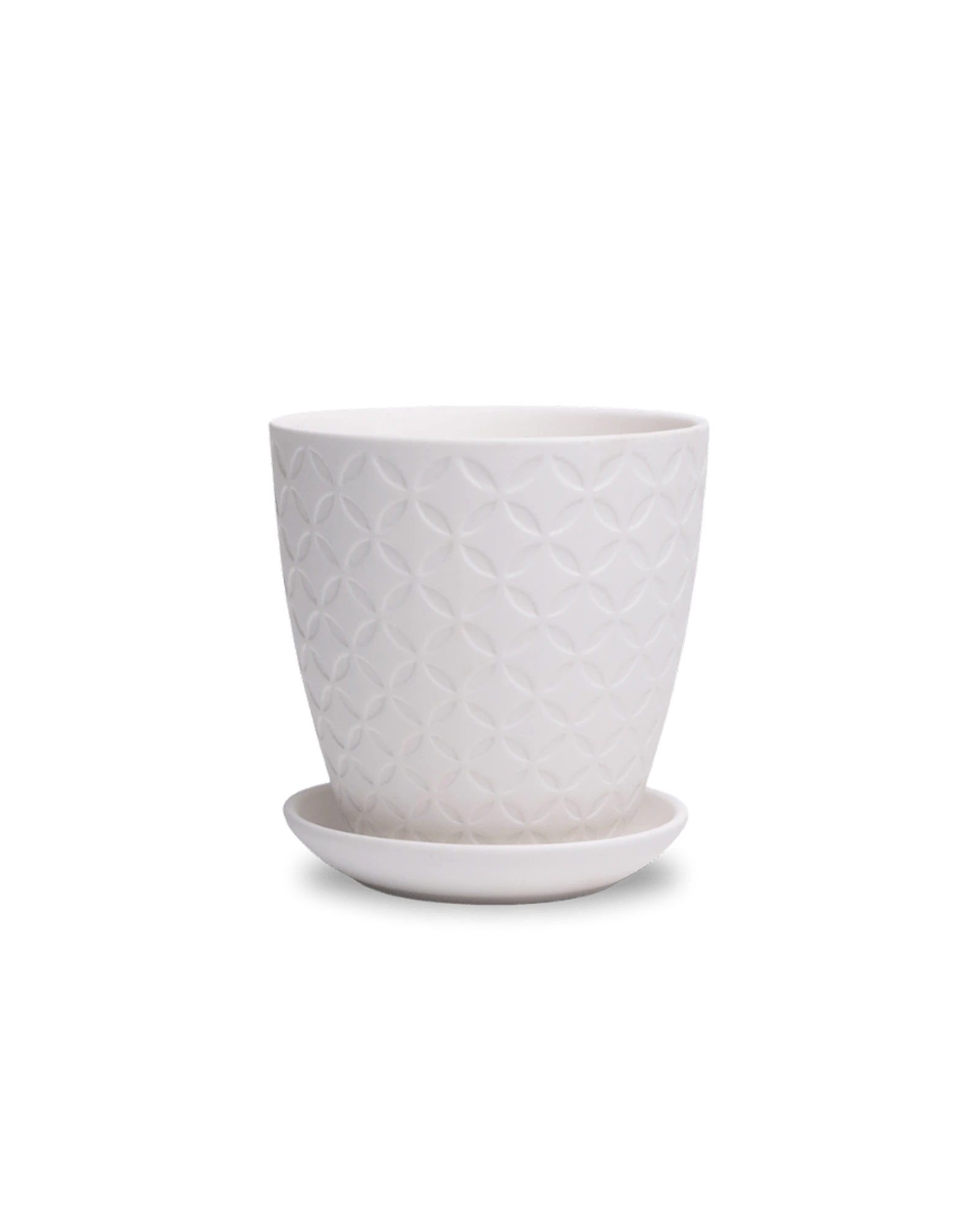 Chive Virago B small white porcelain pot with drainage hole and detachable saucer.