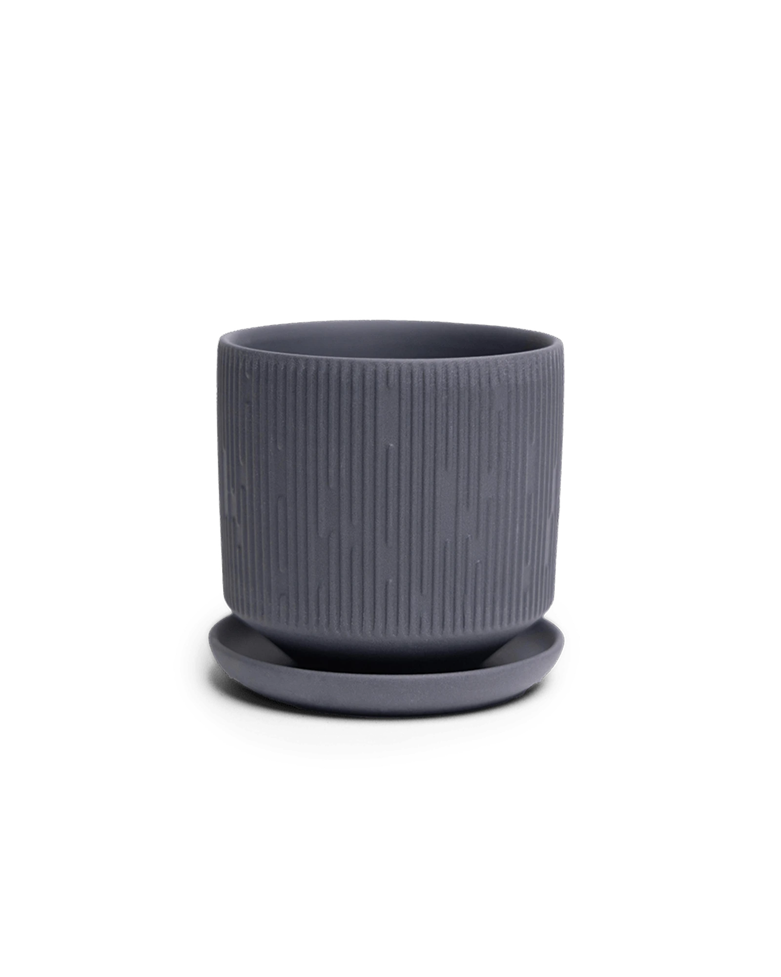 Chive Virago C small black porcelain pot with drainage hole and detachable saucer.