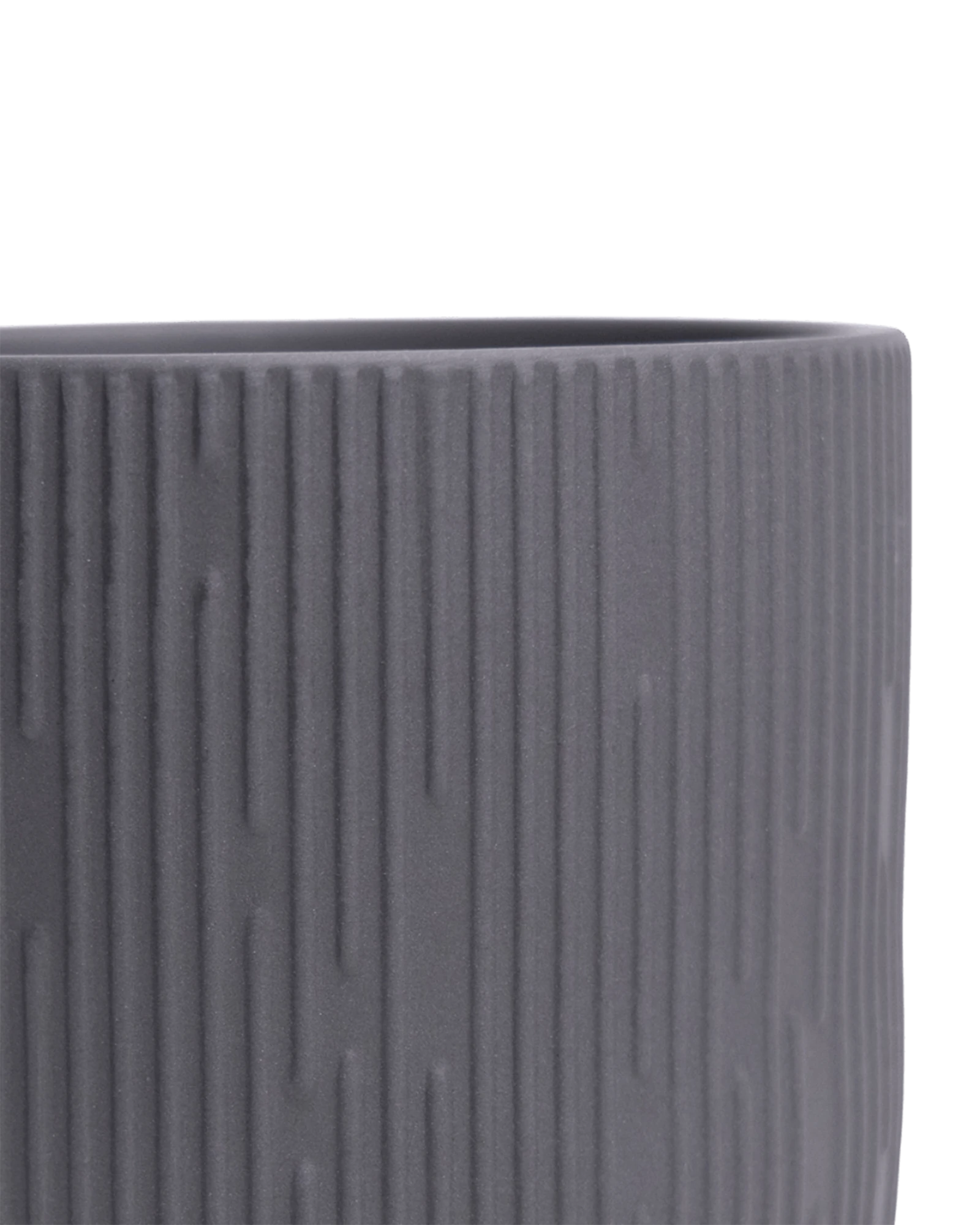 Close-up of the Chive Virago C small black porcelain pot showing the color and ribbed texture finish.