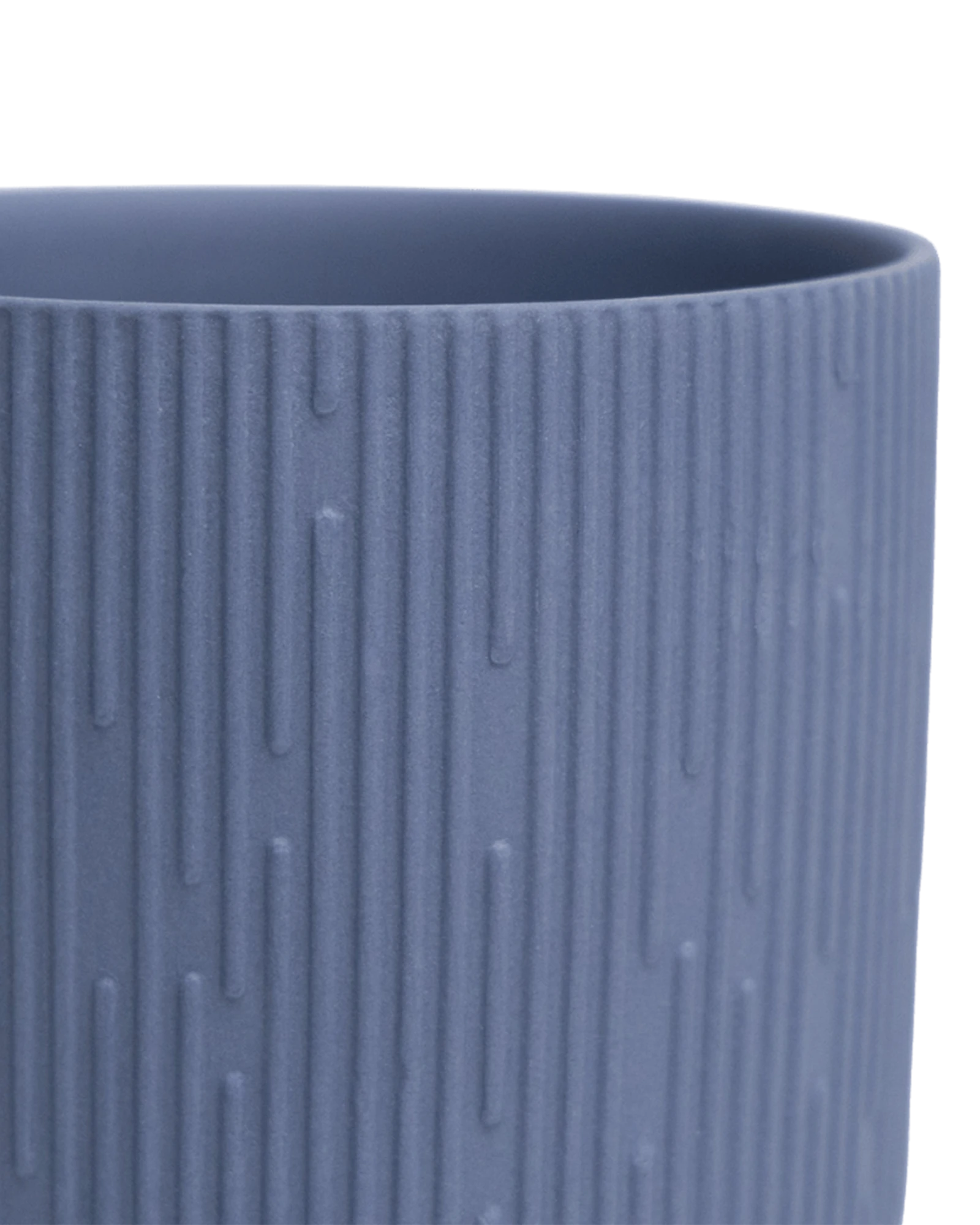 Close-up of the Chive Virago C small blue grey porcelain pot showing the color and ribbed texture finish.