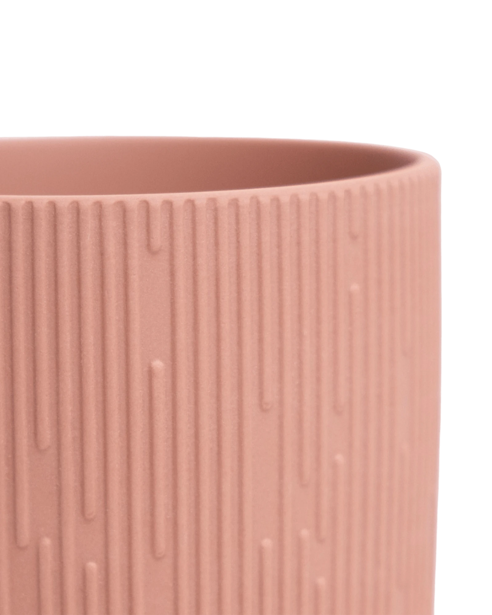 Close-up of the Chive Virago C small clay terracotta porcelain pot showing the color and ribbed texture finish.