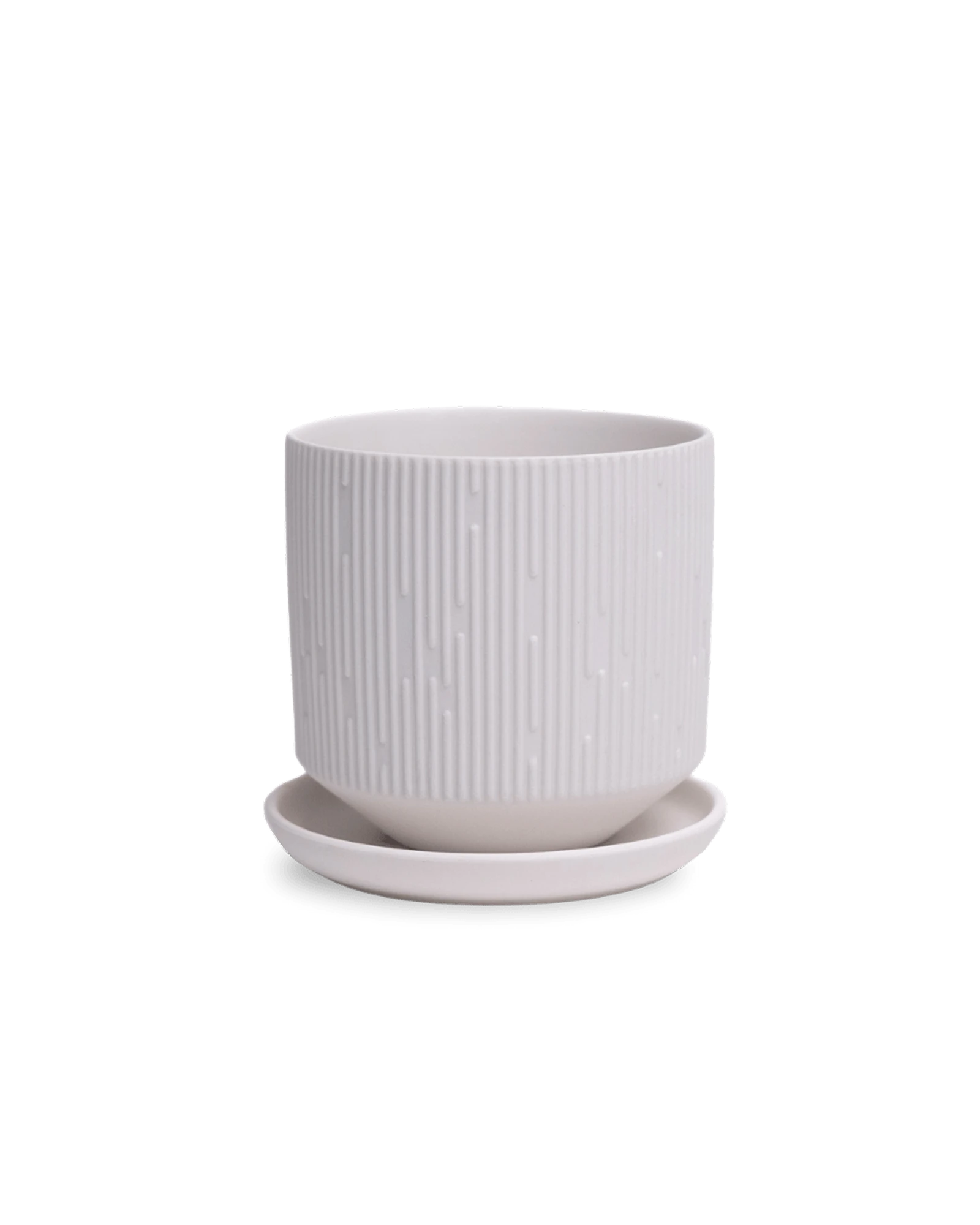 Chive Virago C small white porcelain pot with drainage hole and detachable saucer.