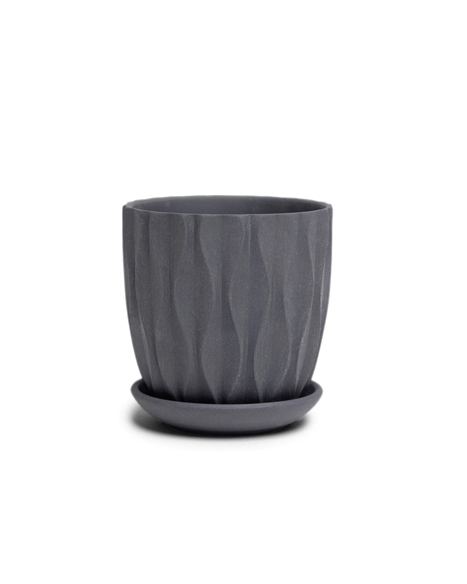 Chive Virago E small black porcelain pot with drainage hole and detachable saucer.