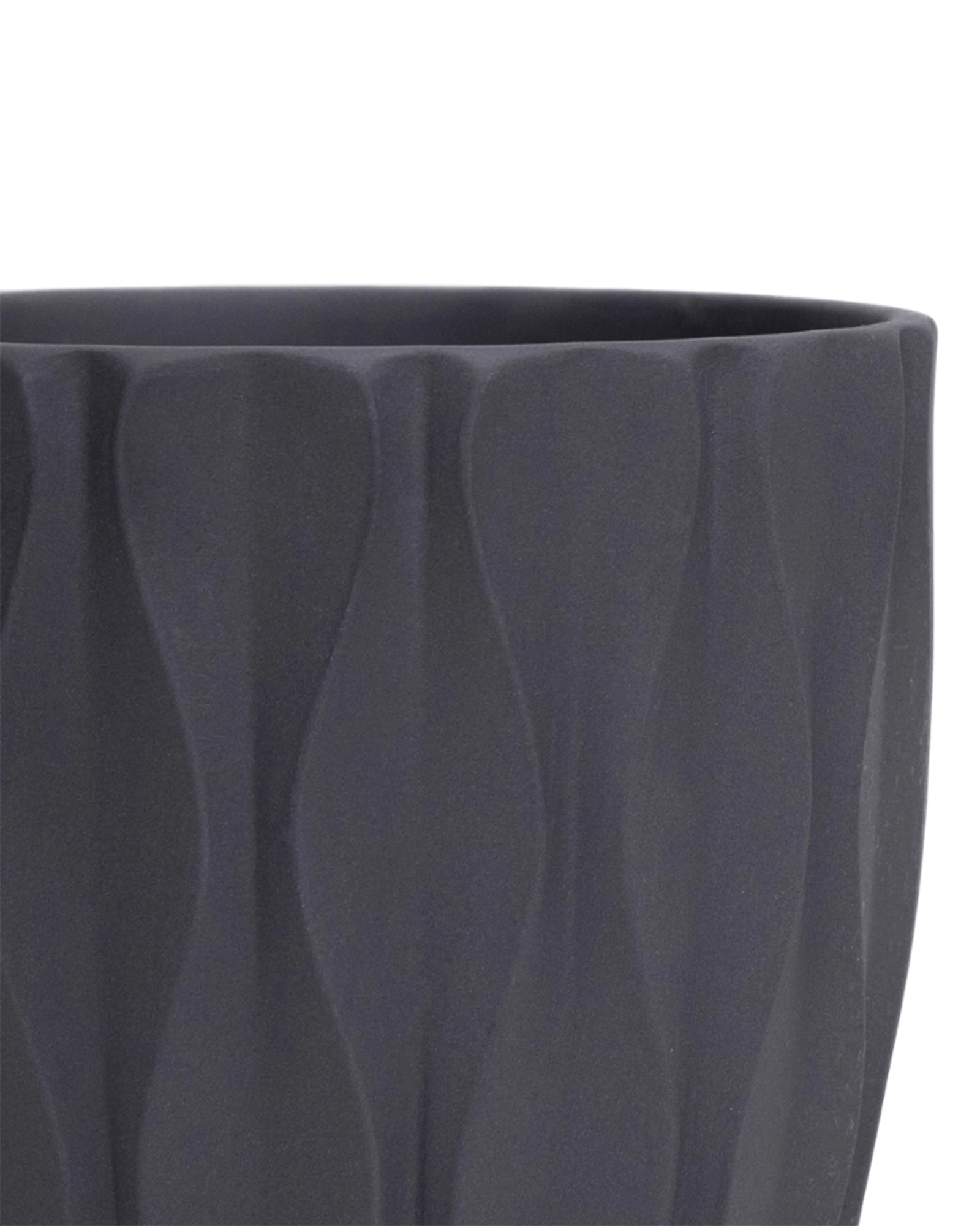 Close-up of the Chive Virago E small black porcelain pot showing the color and textured finish.