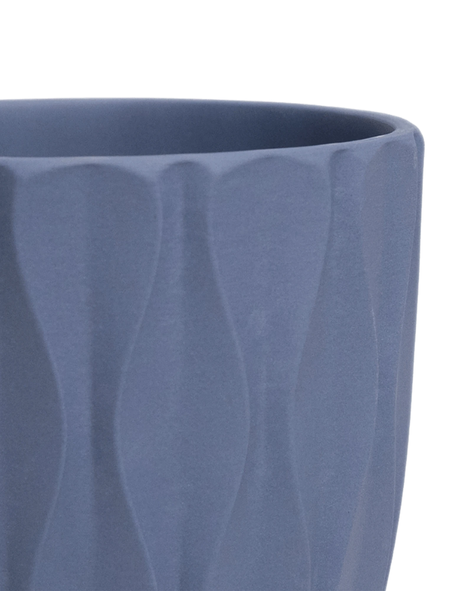 Close-up of the Chive Virago E medium blue grey porcelain pot showing the color and vertical wave texture.