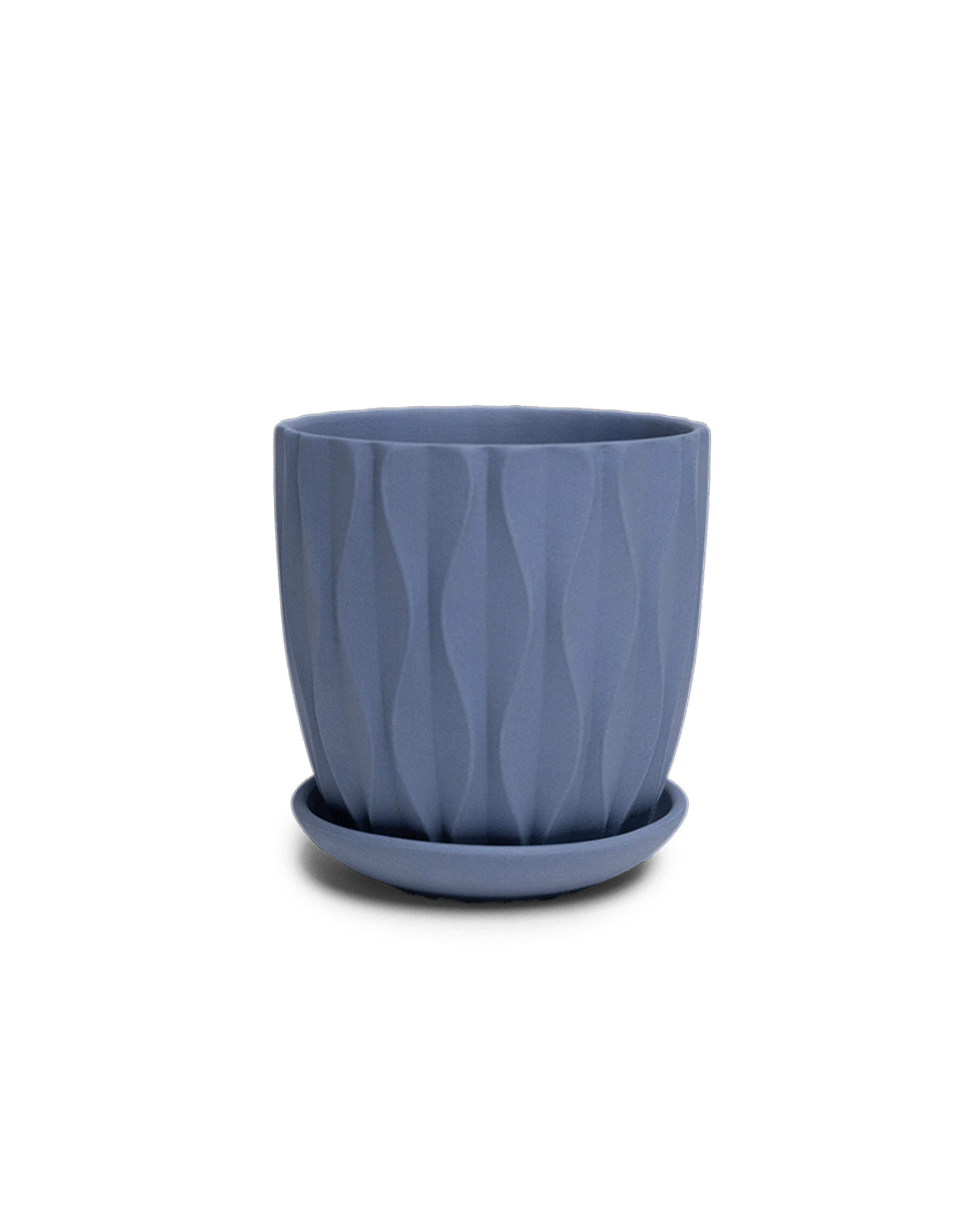 Chive Virago E small blue grey porcelain pot with drainage hole and detachable saucer.