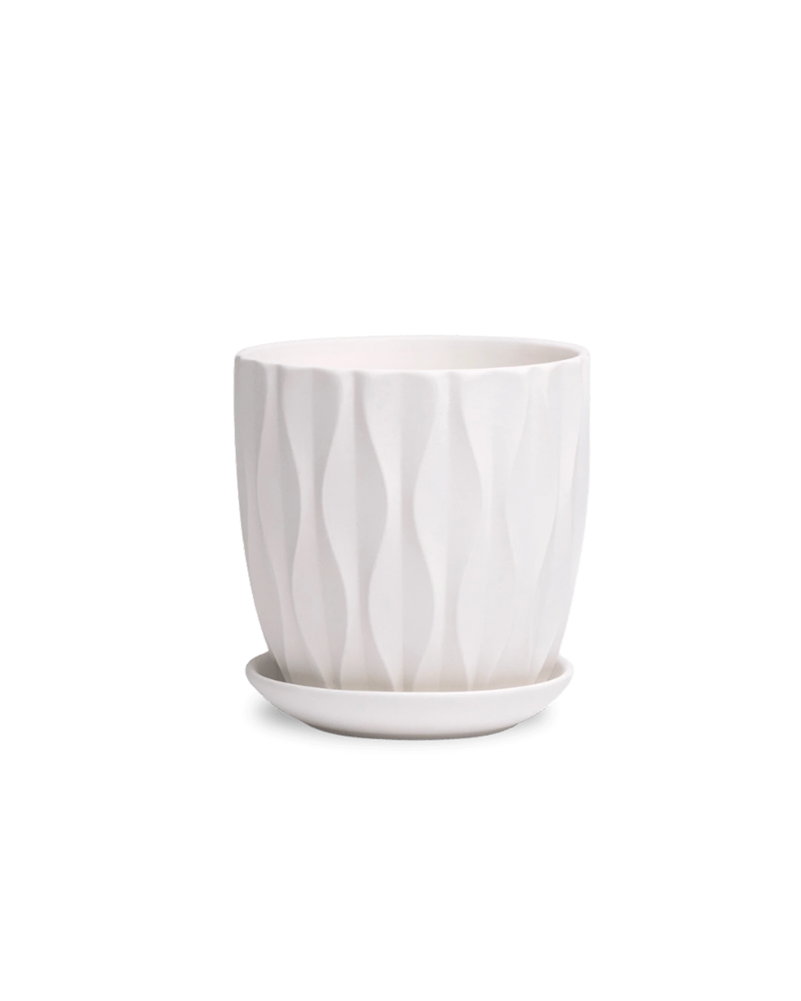 Chive Virago E small white porcelain pot with drainage hole and detachable saucer.