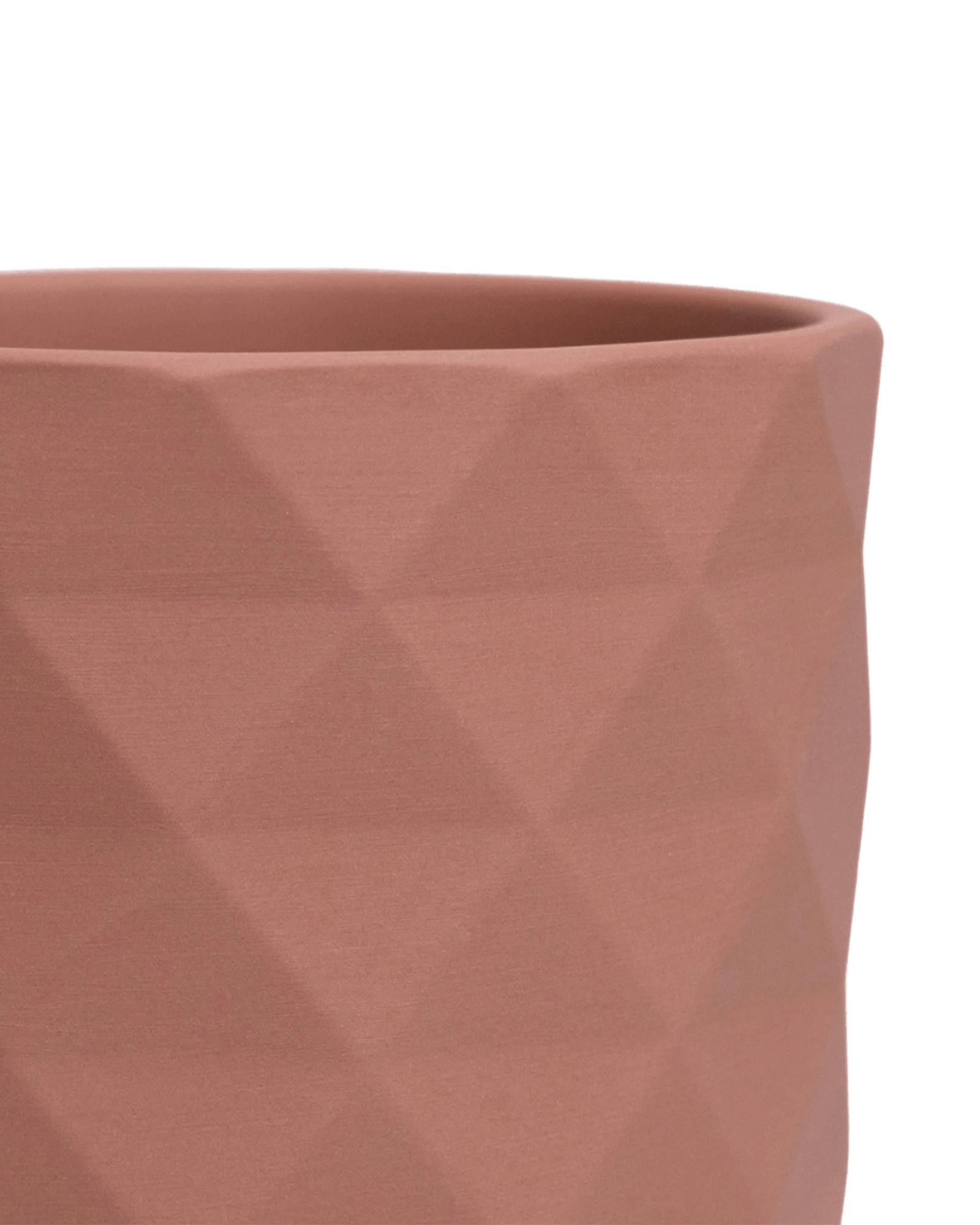Close-up of the Chive Virago F small clay terracotta porcelain pot showing the color and diamond-shaped textured finish.
