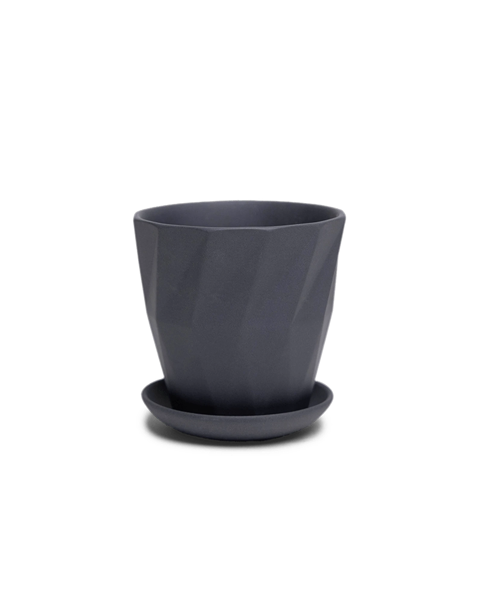 Chive Virago G small black porcelain pot with drainage hole and detachable saucer.